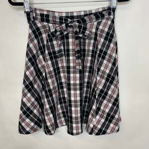 Black White Plaid Flannel Circle Skirt w Belt Sz Medium